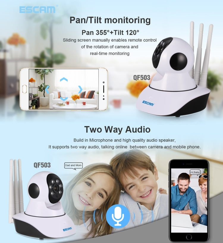 ESCAM QF503 1/4 inch 1.3MP PTZ WiFi IP Camera with 3 Antenna, Support Motion Detection / Night Vision, IR Distance: 10m (White)
