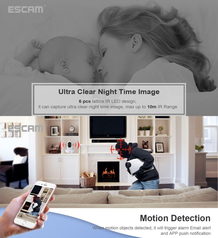 ESCAM QF503 1/4 inch 1.3MP PTZ WiFi IP Camera with 3 Antenna, Support Motion Detection / Night Vision, IR Distance: 10m (White)