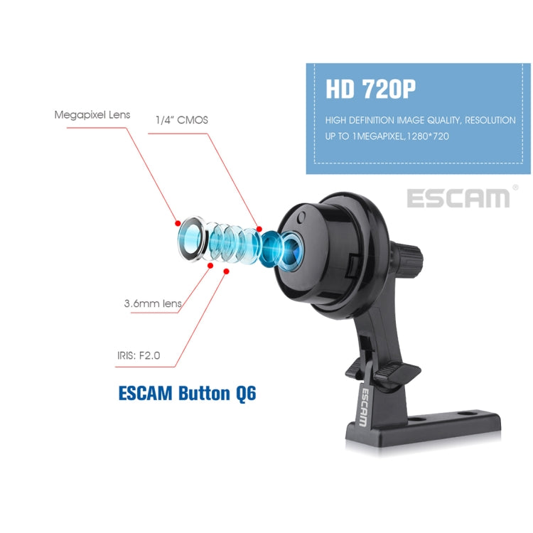 ESCAM Button Q6 1/4 inch 1.0MP WiFi IP Camera, Support Motion Detection