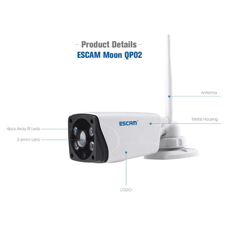 ESCAM Moon QP02 1/4 inch 1080P 2.0MP WiFi IP PTZ Camera, Support Motion Detection / Night Vision, IR Distance: 10m