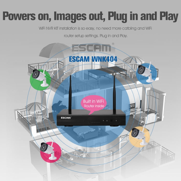 ESCAM WNK404 4CH 1080P 1/4 inch CMOS 1.0 Mega Pixel WiFi Bullet IP Camera NVR Kits, Support Night Vision / Motion Detection