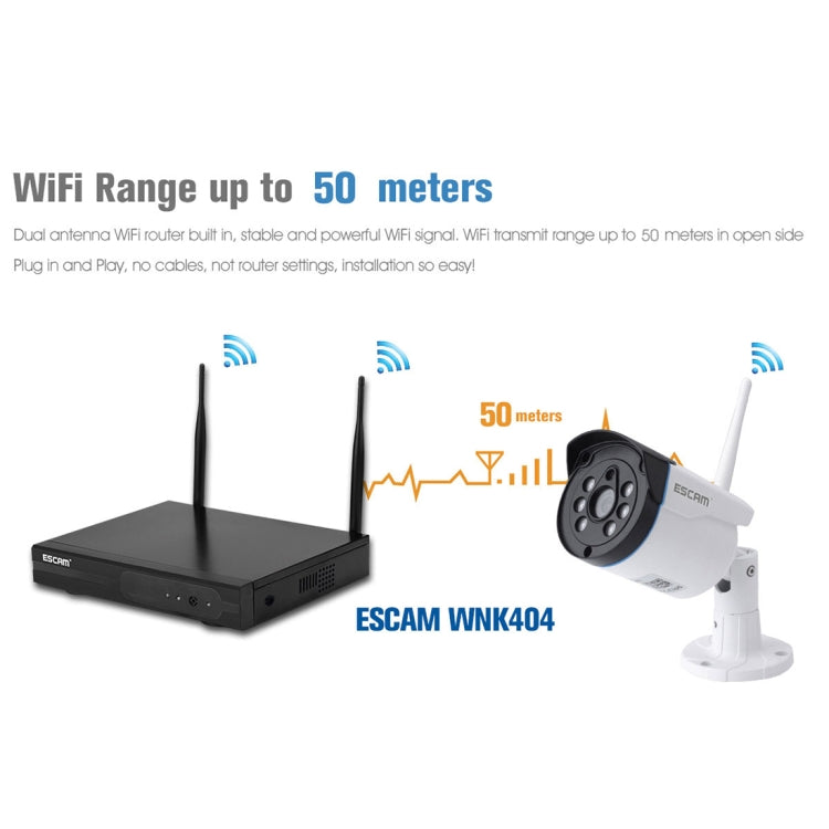 ESCAM WNK404 4CH 1080P 1/4 inch CMOS 1.0 Mega Pixel WiFi Bullet IP Camera NVR Kits, Support Night Vision / Motion Detection