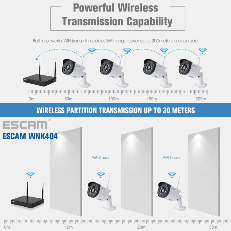 ESCAM WNK404 4CH 1080P 1/4 inch CMOS 1.0 Mega Pixel WiFi Bullet IP Camera NVR Kits, Support Night Vision / Motion Detection