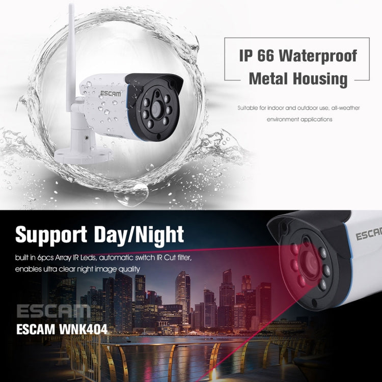 ESCAM WNK404 4CH 1080P 1/4 inch CMOS 1.0 Mega Pixel WiFi Bullet IP Camera NVR Kits, Support Night Vision / Motion Detection