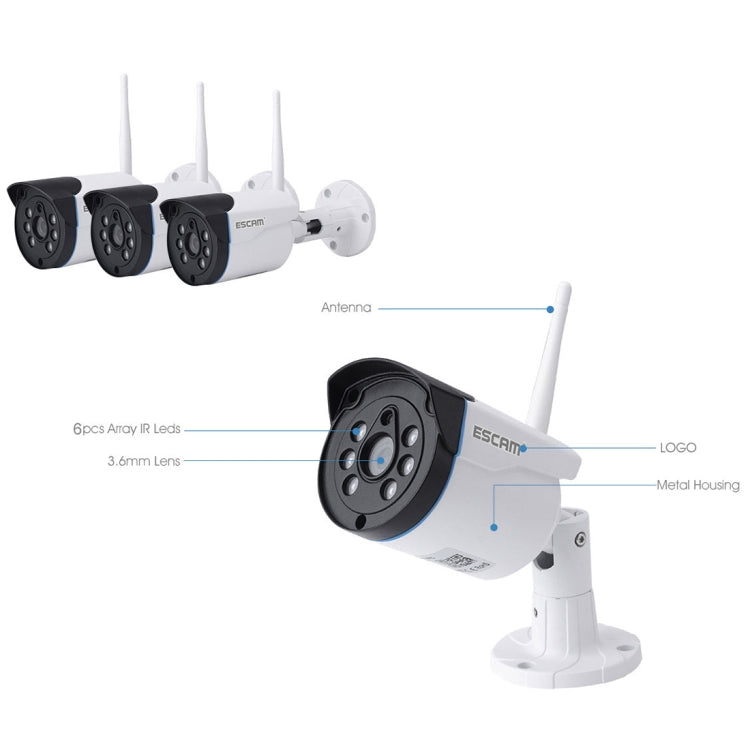 ESCAM WNK404 4CH 1080P 1/4 inch CMOS 1.0 Mega Pixel WiFi Bullet IP Camera NVR Kits, Support Night Vision / Motion Detection