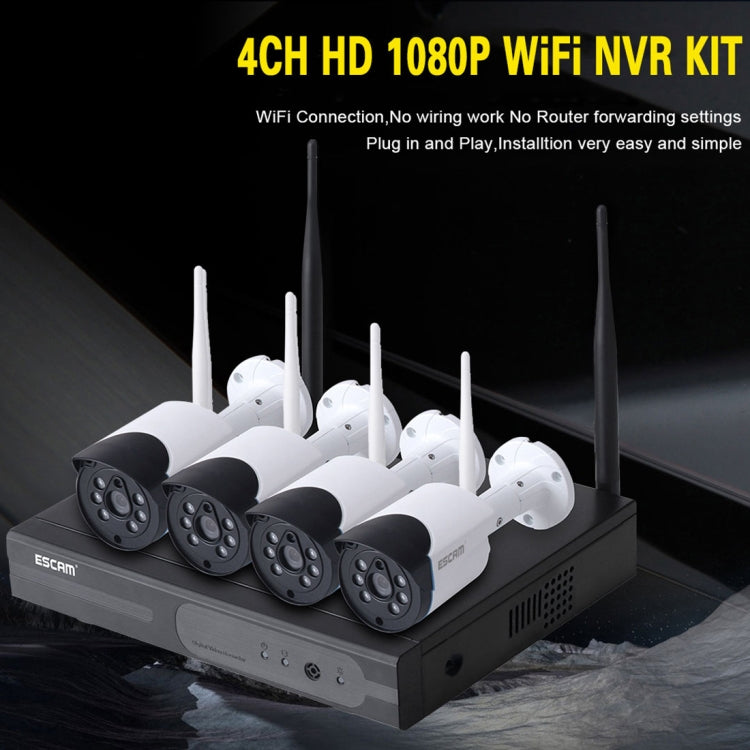 ESCAM WNK404 4CH 1080P 1/4 inch CMOS 1.0 Mega Pixel WiFi Bullet IP Camera NVR Kits, Support Night Vision / Motion Detection