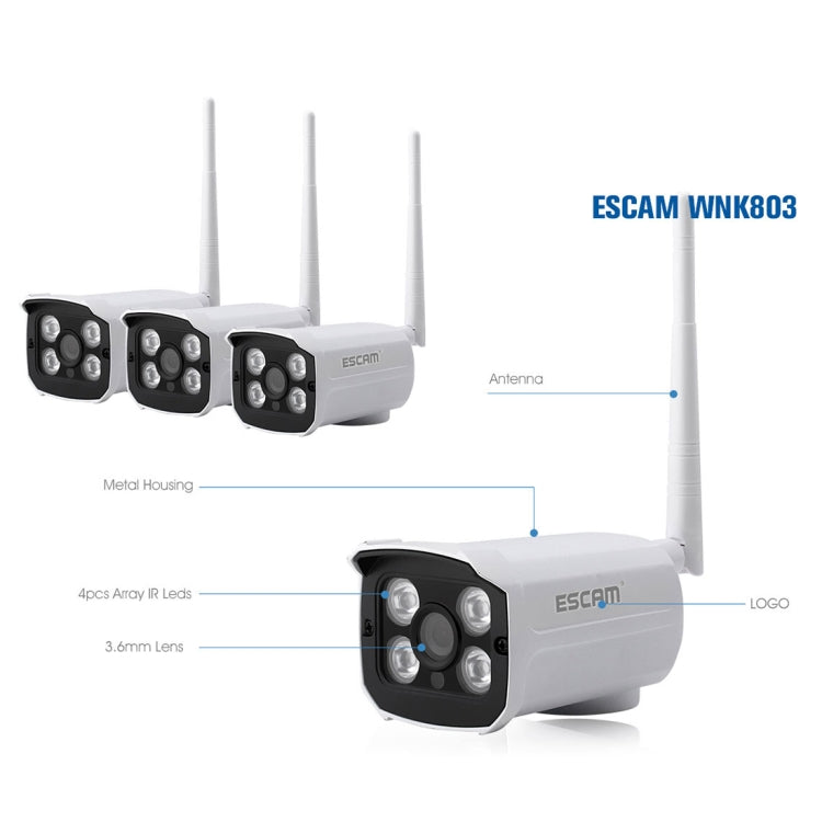 ESCAM WNK803 8CH 1080P 1/4 inch CMOS 2.0 Mega Pixel WiFi Bullet IP Camera NVR Kits, Support Night Vision / Motion Detection