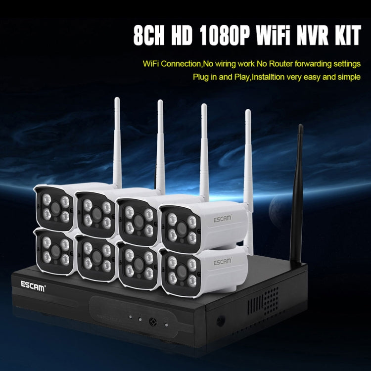 ESCAM WNK803 8CH 1080P 1/4 inch CMOS 2.0 Mega Pixel WiFi Bullet IP Camera NVR Kits, Support Night Vision / Motion Detection
