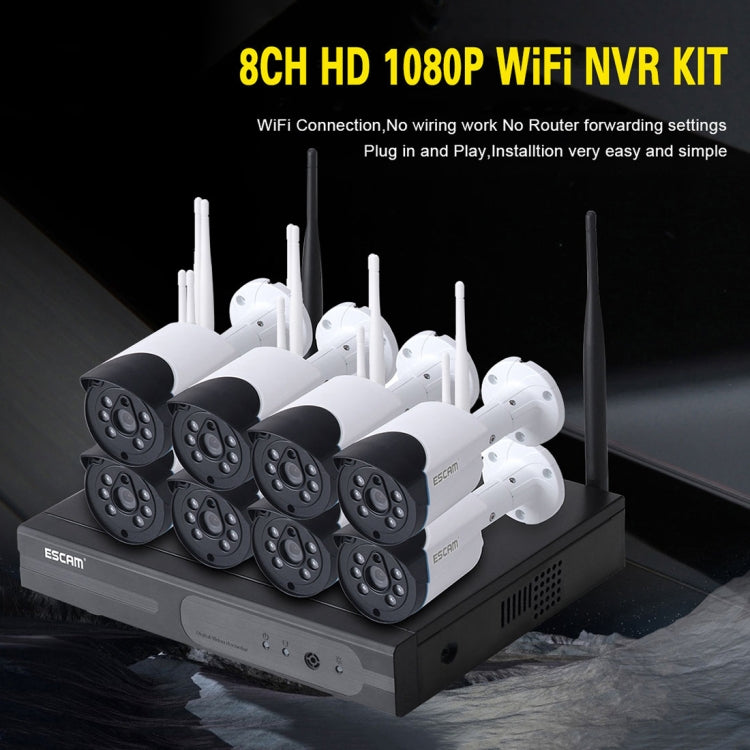 ESCAM WNK804 8CH 1080P 1/4 inch CMOS 2.0 Mega Pixel WiFi Bullet IP Camera NVR Kits, Support Night Vision / Motion Detection