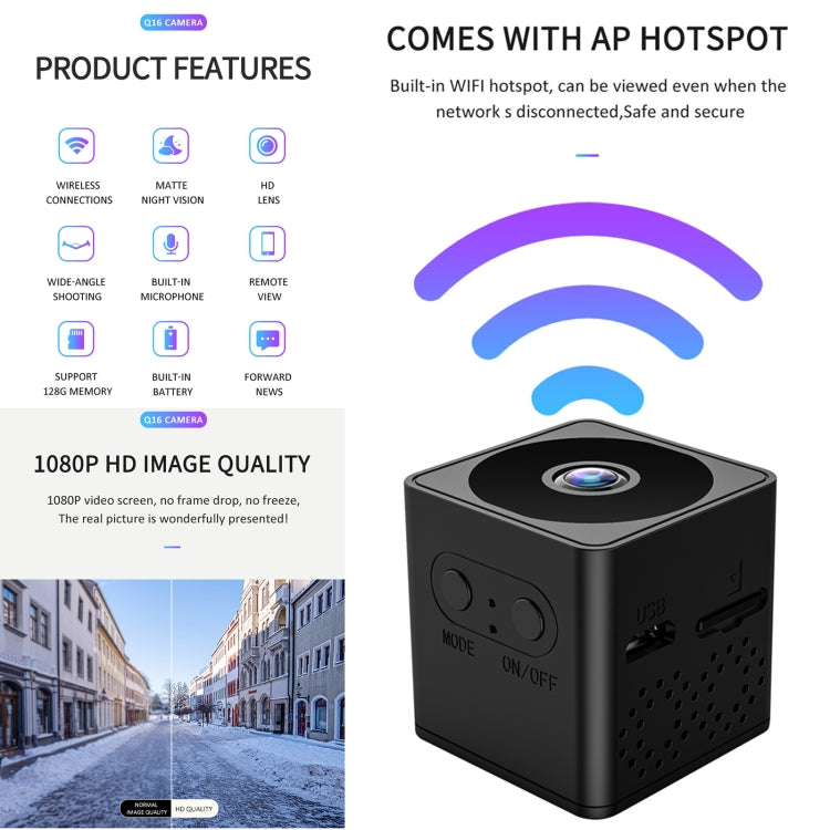 Q16 Mini WiFi Wireless Network Action Camera Wide-angle Recorder with Night Vision and Motion Detection  - Black