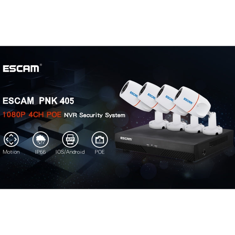 ESCAM PNK405 NVR Kits HD 1080P 4 Channel Security System Waterproof IR Camera, Support Night Vision, IR Distance: 10m