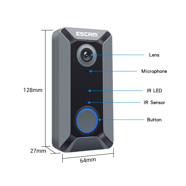 ESCAM V6 720P 2.6mm 140 Degree Wide-angle Lens IP65 Waterproof Smart Wireless Video Doorbell without Battery & Chime, Support Infrared Night Vision & APP Push Notification & Free Cloud Storage