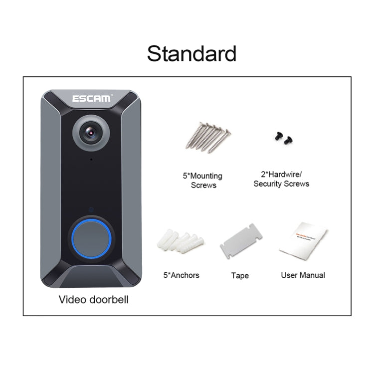 ESCAM V6 720P 2.6mm 140 Degree Wide-angle Lens IP65 Waterproof Smart Wireless Video Doorbell without Battery & Chime, Support Infrared Night Vision & APP Push Notification & Free Cloud Storage