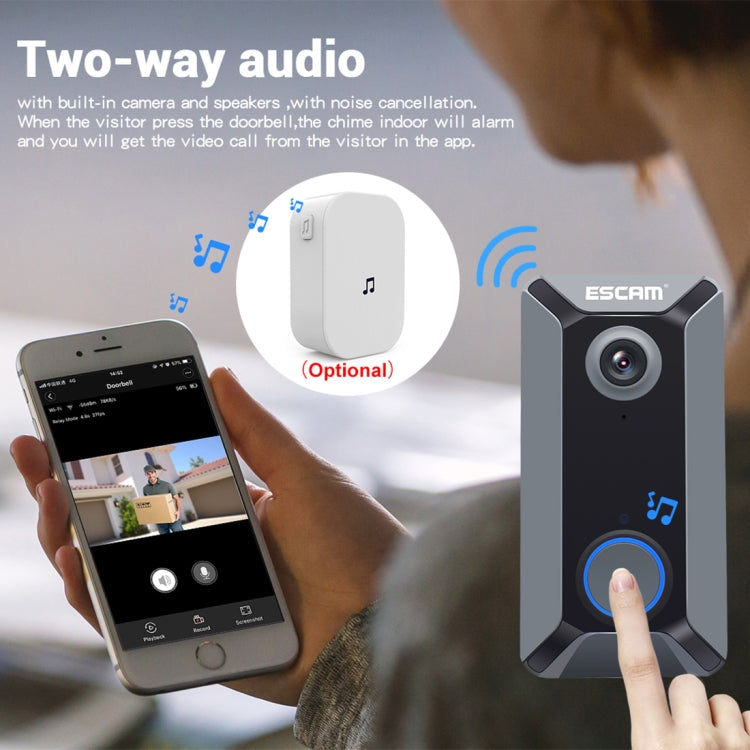 ESCAM V6 720P 2.6mm 140 Degree Wide-angle Lens IP65 Waterproof Smart Wireless Video Doorbell with Battery, without Chime, Support Infrared Night Vision & APP Push Notification & Free Cloud Storage