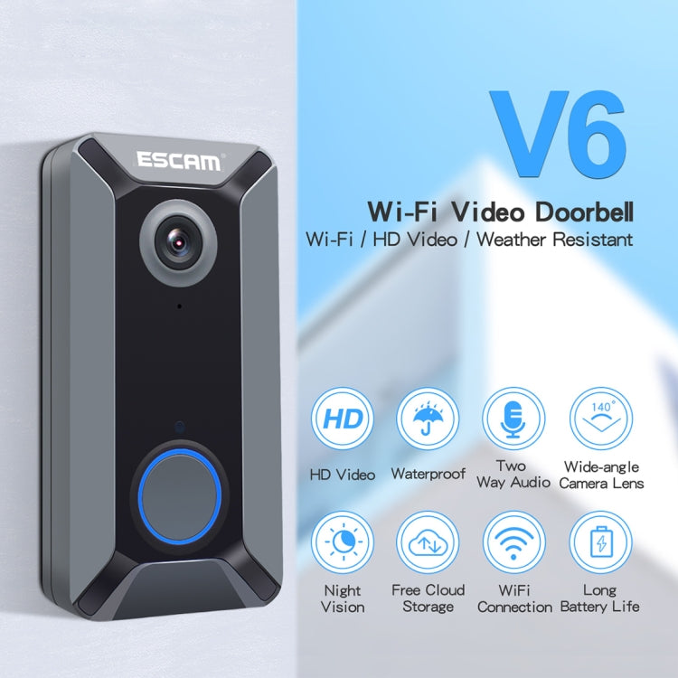 ESCAM V6 720P 2.6mm 140 Degree Wide-angle Lens IP65 Waterproof Smart Wireless Video Doorbell with Battery, without Chime, Support Infrared Night Vision & APP Push Notification & Free Cloud Storage