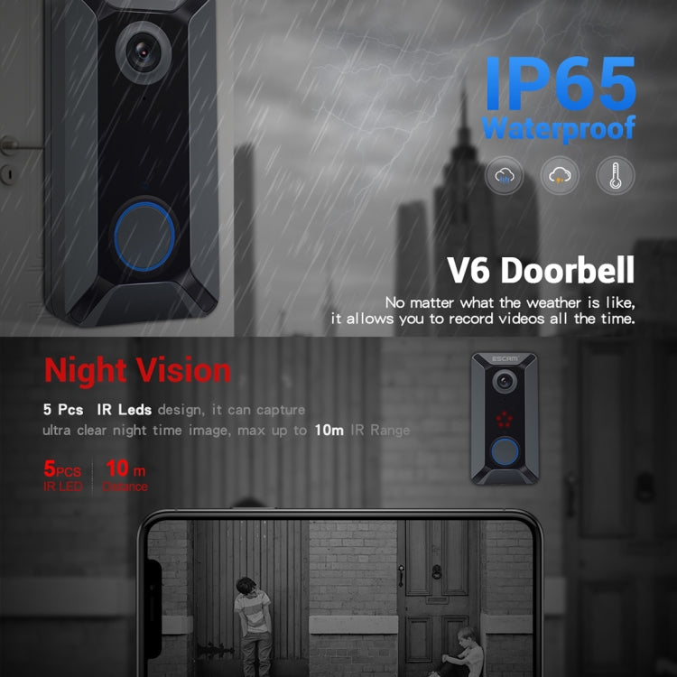 ESCAM V6 720P 2.6mm 140 Degree Wide-angle Lens IP65 Waterproof Smart Wireless Video Doorbell with Battery & Chime, Support Infrared Night Vision & APP Push Notification & Free Cloud Storage