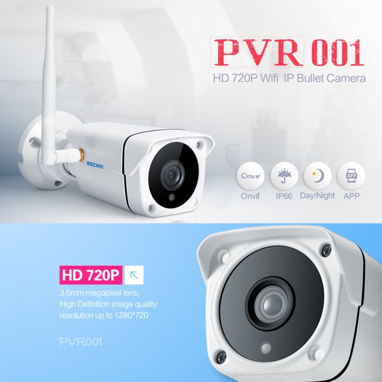 ESCAM PVR001 ONVIF HD 720P P2P Private Cloud IP66 Waterproof Security IP Camera, Support Night Vision / Motion Detection / TF Card (64GB Max), IR Distance: 10m,