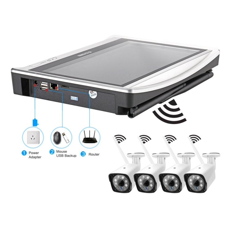 N4B3-P12 / Kit WiFi 4CH HD 1080P Wireless Security DVR NVR with Monitor Security System 960P Waterproof Bullet Camera, Support Night Vision & Plug and Play(White)