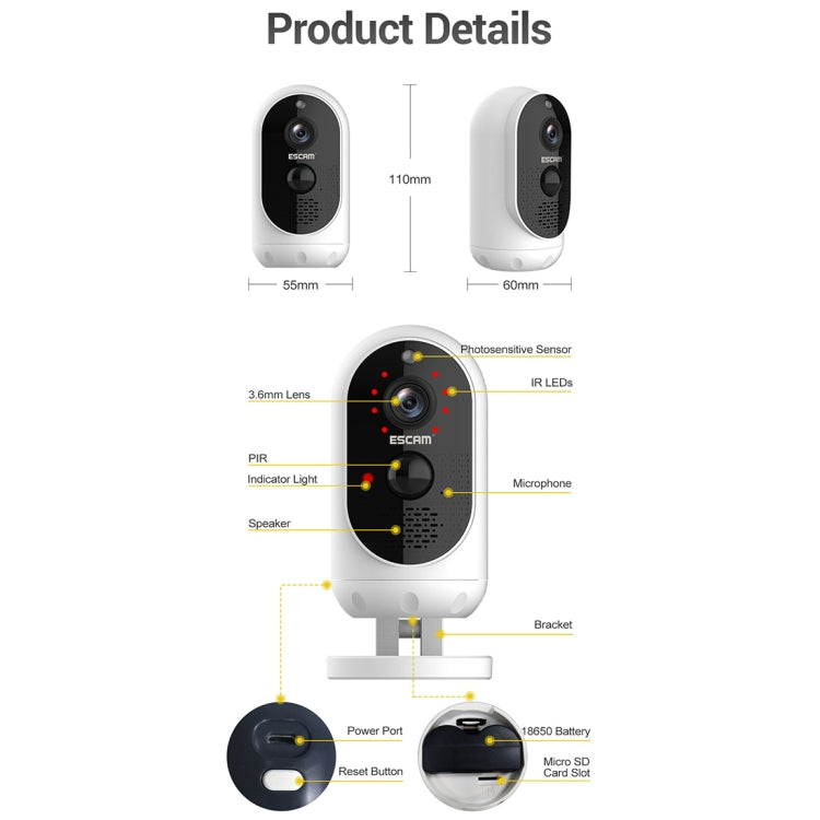 ESCAM G12 1080P Full HD Outdoor IP65 Waterproof Rechargeable Battery Solar Panel PIR Alarm WiFi Camera, Support Night Vision / TF Card / Two Way Audio