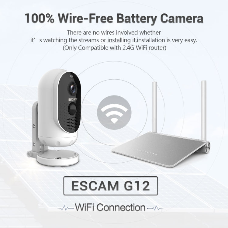 ESCAM G12 1080P Full HD Outdoor IP65 Waterproof Rechargeable Battery Solar Panel PIR Alarm WiFi Camera, Support Night Vision / TF Card / Two Way Audio