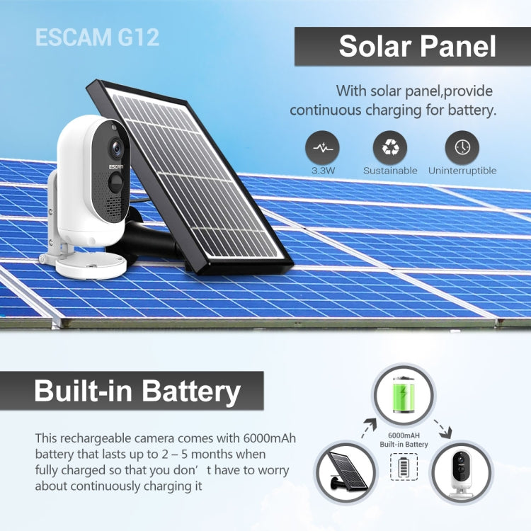 ESCAM G12 1080P Full HD Outdoor IP65 Waterproof Rechargeable Battery Solar Panel PIR Alarm WiFi Camera, Support Night Vision / TF Card / Two Way Audio
