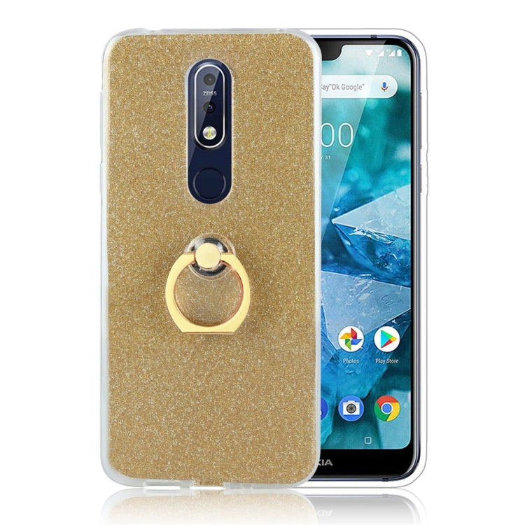Glittery Powder Shockproof TPU Protective Case for Nokia 7.1, with 360 Degree Rotation Ring Holder