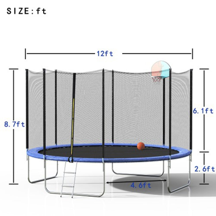 [US Warehouse] 12FT Outdoor Activity Round Trampoline Bouncing Bed with Safety Fence / Ladder / Spring Cover Padding / Basketball Hoop
