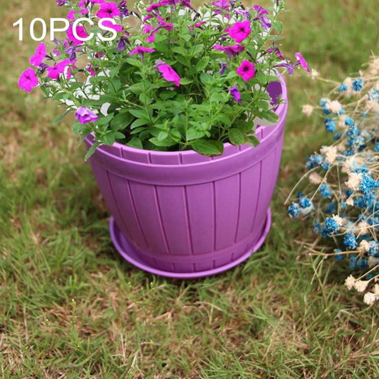 10 PCS Imitation Wooden Barrel Plastic Resin Flower Pot with Tray, Top Diameter: 11cm, Height: 9cm