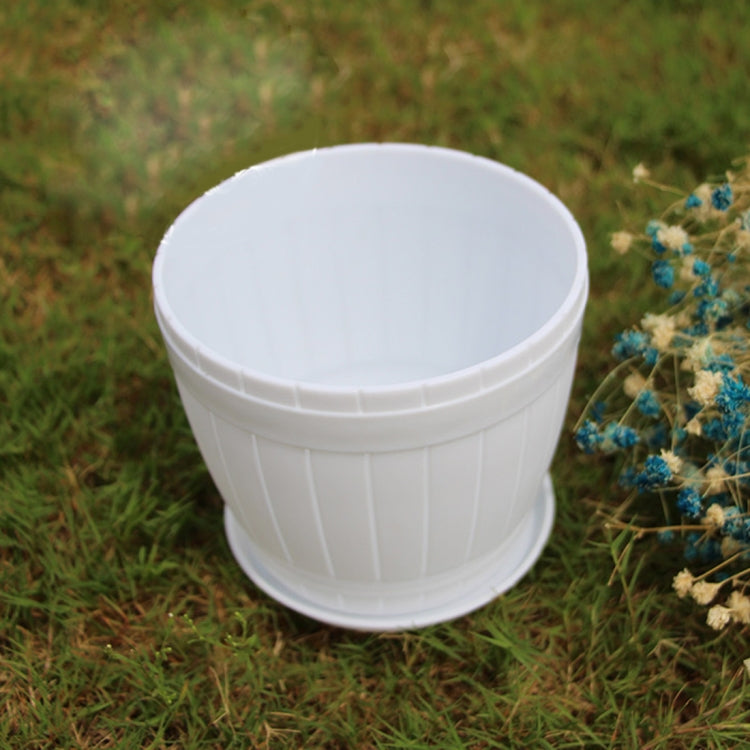 10 PCS Imitation Wooden Barrel Plastic Resin Flower Pot with Tray, Top Diameter: 11cm, Height: 9cm
