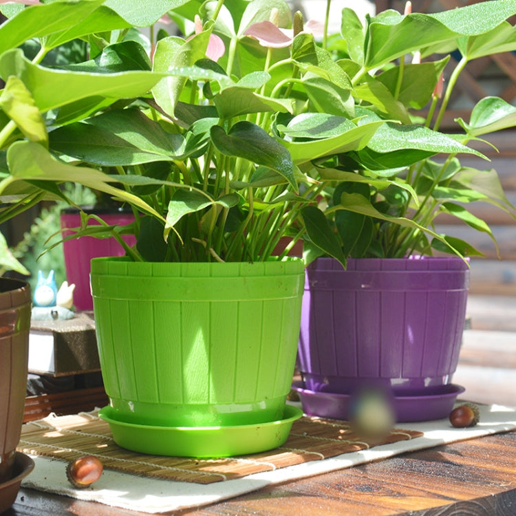 10 PCS Imitation Wooden Barrel Plastic Resin Flower Pot with Tray, Top Diameter: 11cm, Height: 9cm