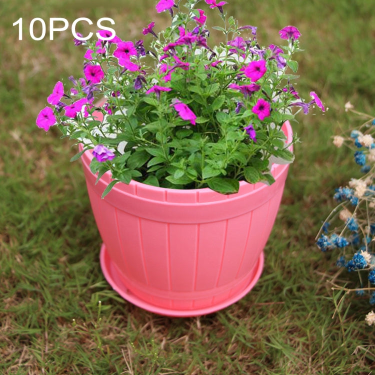 10 PCS Imitation Wooden Barrel Plastic Resin Flower Pot with Tray, Top Diameter: 13cm, Height: 11.5cm