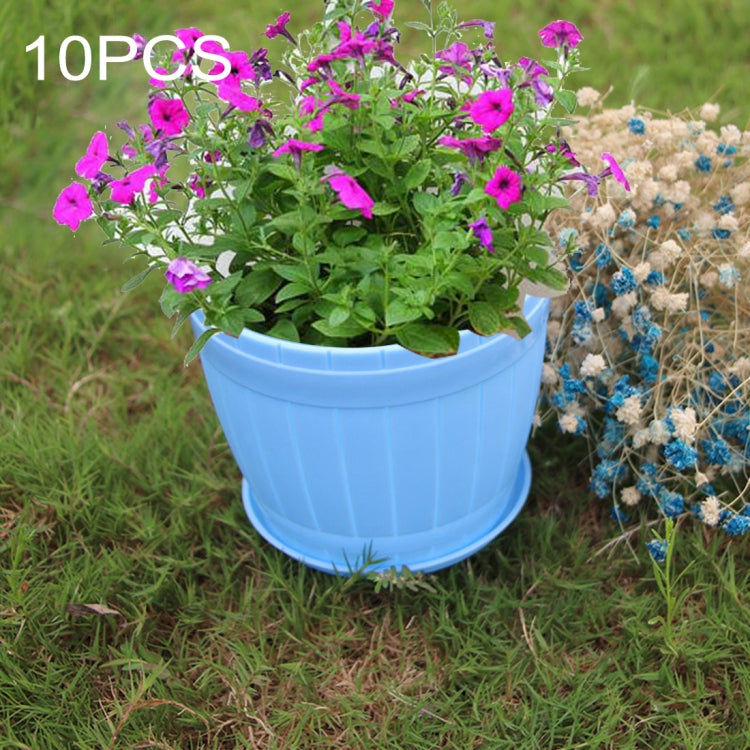 10 PCS Imitation Wooden Barrel Plastic Resin Flower Pot with Tray, Top Diameter: 13cm, Height: 11.5cm