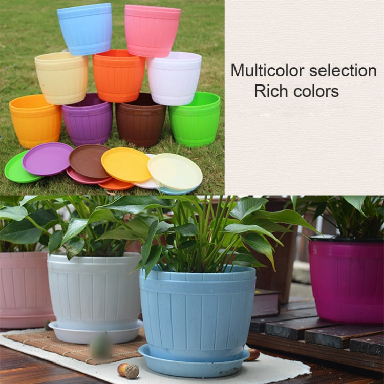 10 PCS Imitation Wooden Barrel Plastic Resin Flower Pot with Tray, Top Diameter: 13cm, Height: 11.5cm