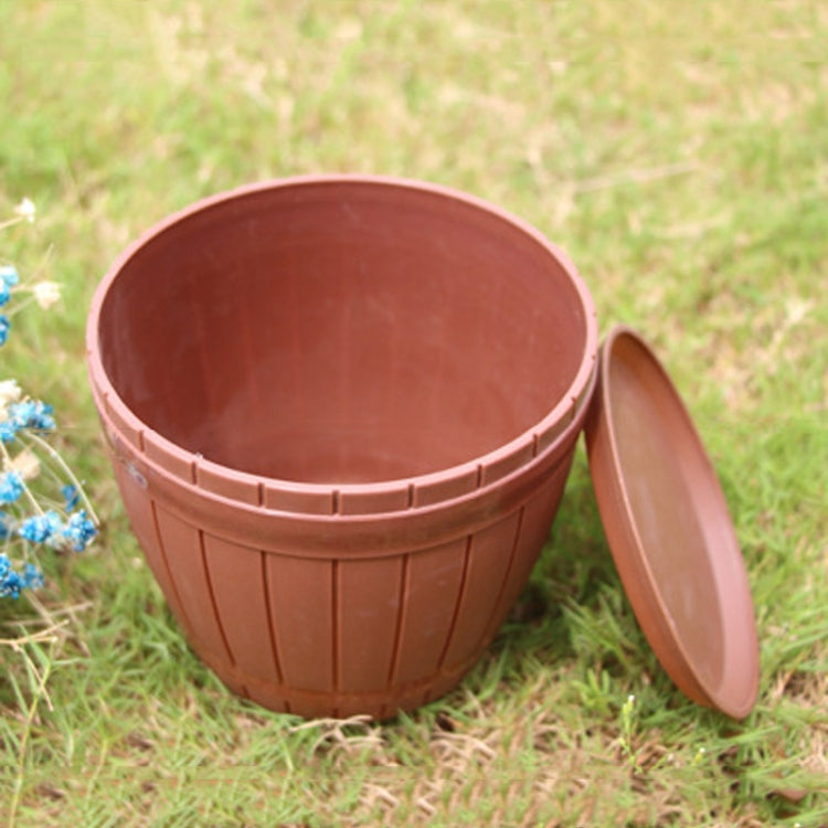 10 PCS Imitation Wooden Barrel Plastic Resin Flower Pot with Tray, Top Diameter: 13cm, Height: 11.5cm