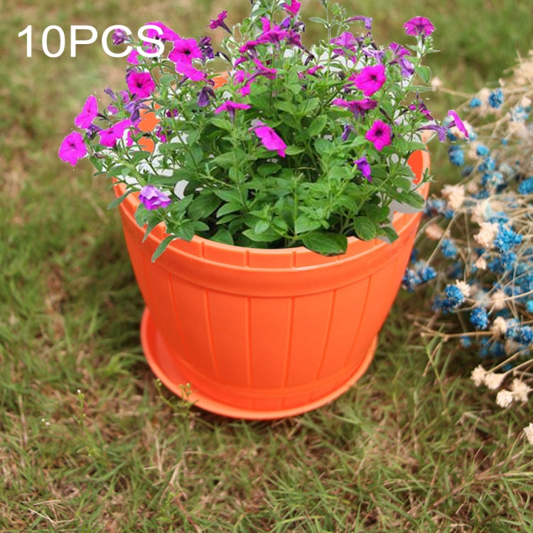 10 PCS Imitation Wooden Barrel Plastic Resin Flower Pot with Tray, Top Diameter: 16cm, Height: 13.5cm