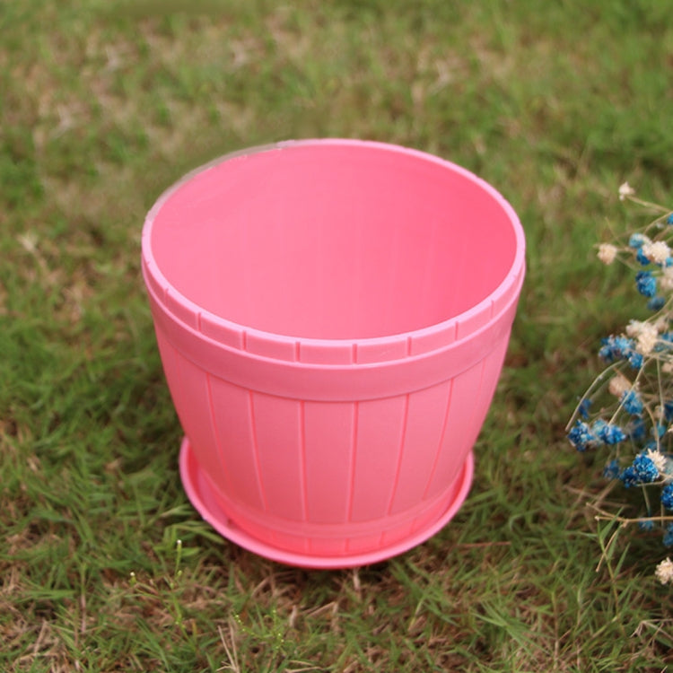 10 PCS Imitation Wooden Barrel Plastic Resin Flower Pot with Tray, Top Diameter: 16cm, Height: 13.5cm