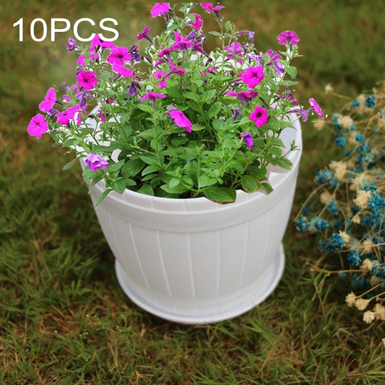 10 PCS Imitation Wooden Barrel Plastic Resin Flower Pot with Tray, Top Diameter: 19cm