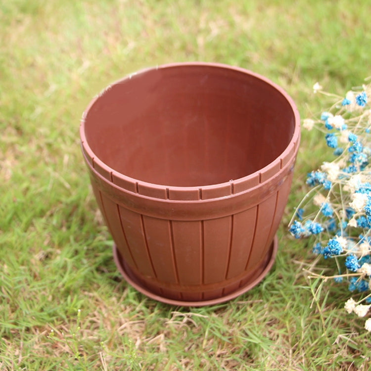 10 PCS Imitation Wooden Barrel Plastic Resin Flower Pot with Tray, Top Diameter: 19cm