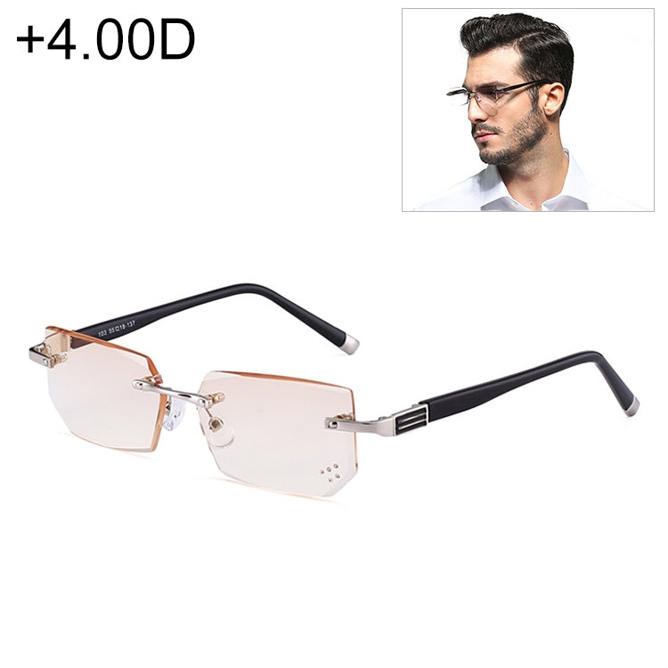 Men Anti Fatigue & Blue-ray Rimless Rhinestone Trimmed Presbyopic Glasses, +4.00D