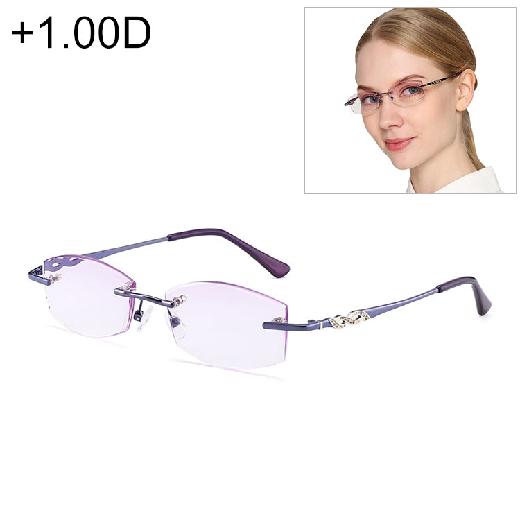 Women Rimless Rhinestone Trimmed Purple Presbyopic Glasses, +1.00D