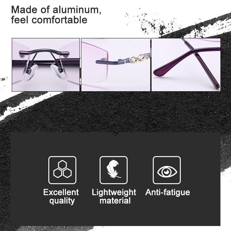 Women Rimless Rhinestone Trimmed Purple Presbyopic Glasses, +1.00D