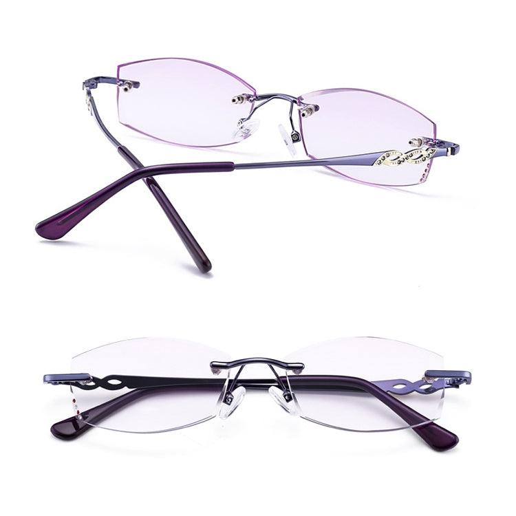 Women Rimless Rhinestone Trimmed Purple Presbyopic Glasses, +1.50D