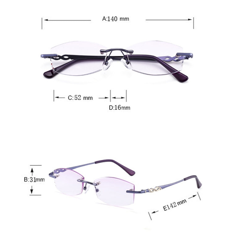 Women Rimless Rhinestone Trimmed Purple Presbyopic Glasses, +1.50D