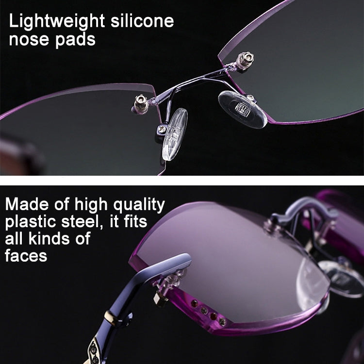 Women Rimless Rhinestone Trimmed Purple Presbyopic Glasses, +1.50D