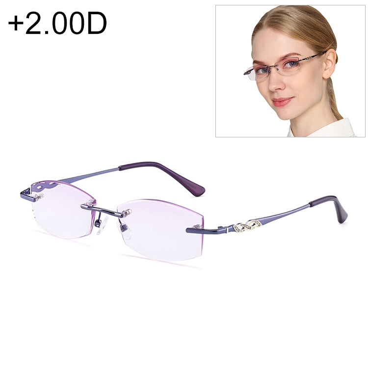 Women Rimless Rhinestone Trimmed Purple Presbyopic Glasses, +2.00D