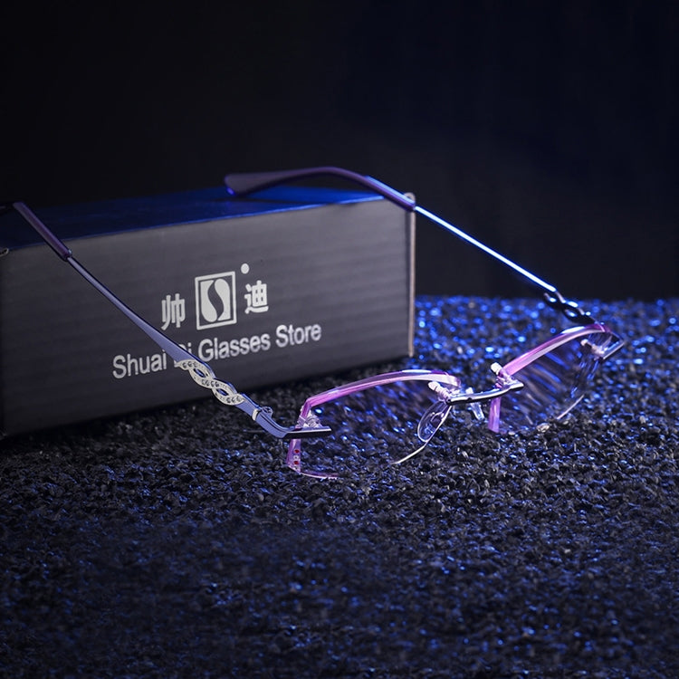 Women Rimless Rhinestone Trimmed Purple Presbyopic Glasses, +2.50D