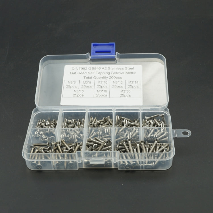 200 PCS M3 Stainless Steel 304 Countersunk Flat Head Tapping Screw Combination Set