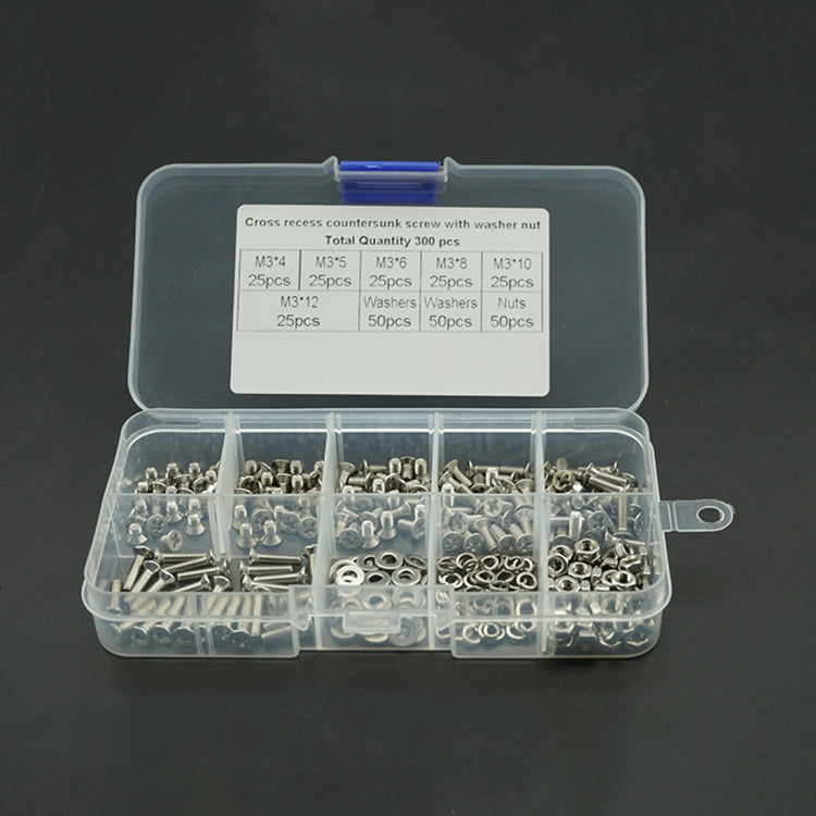 300 PCS M3 Stainless Steel 304 Cross Countersunk Head Screw Nut Flat Mat Spring Lock Washers Combination Set