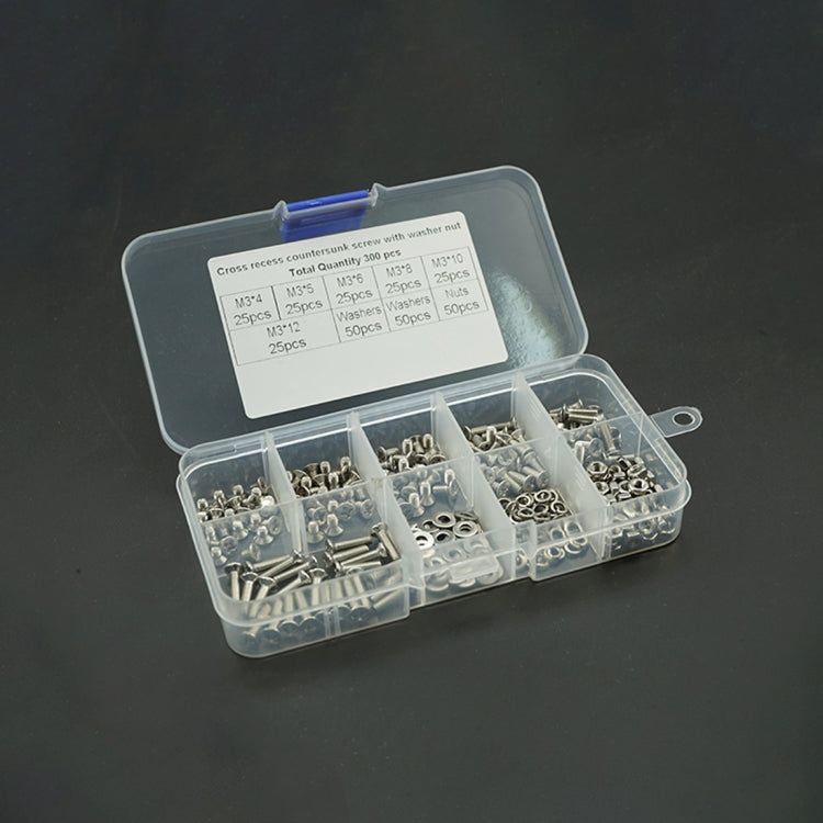 300 PCS M3 Stainless Steel 304 Cross Countersunk Head Screw Nut Flat Mat Spring Lock Washers Combination Set