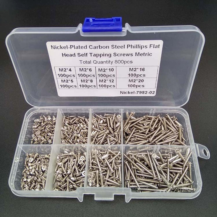 800 PCS M2 Nickel-Plated Carbon steel Countersunk Head Tapping Screws Combination Set (Silver)